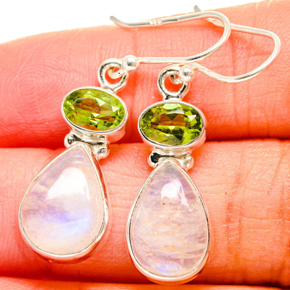 Sterling silver teardrop earrings: green peridot top with iridescent moonstone bottom