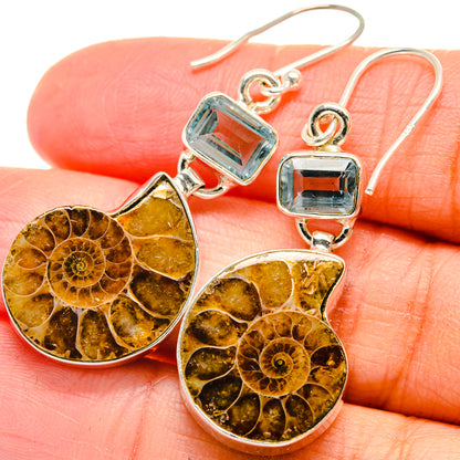 Ammonite Fossil, Blue Topaz Earrings handcrafted by Ana Silver Co - EARR424704