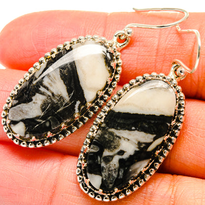 Pinolith jasper teardrop earrings with beaded silver border, orange enamel accents