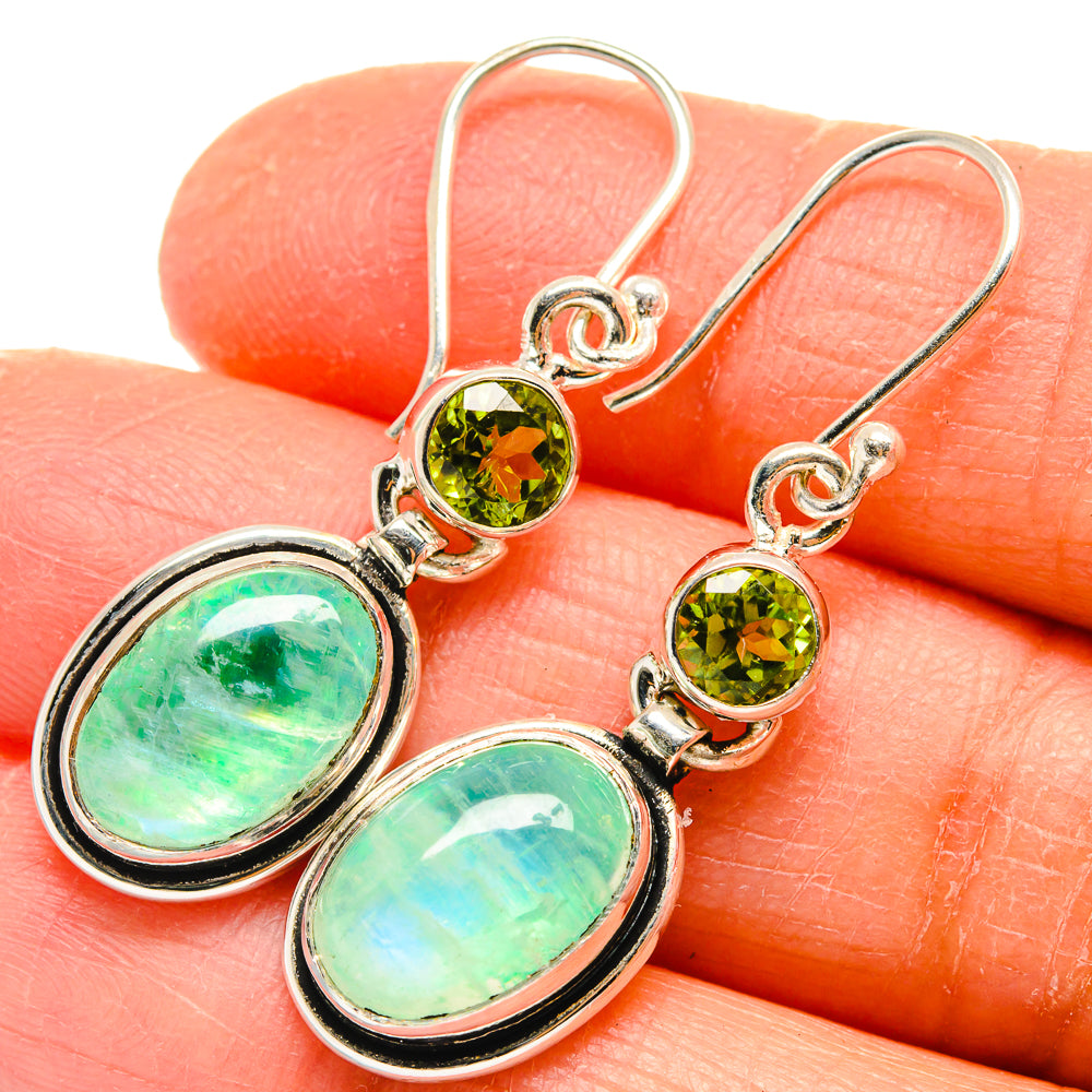 Sterling silver drop earrings with green moonstone and peridot-like round gemstones