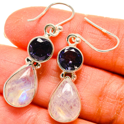 925 sterling silver earrings: dark round gemstone with iridescent teardrop dangle