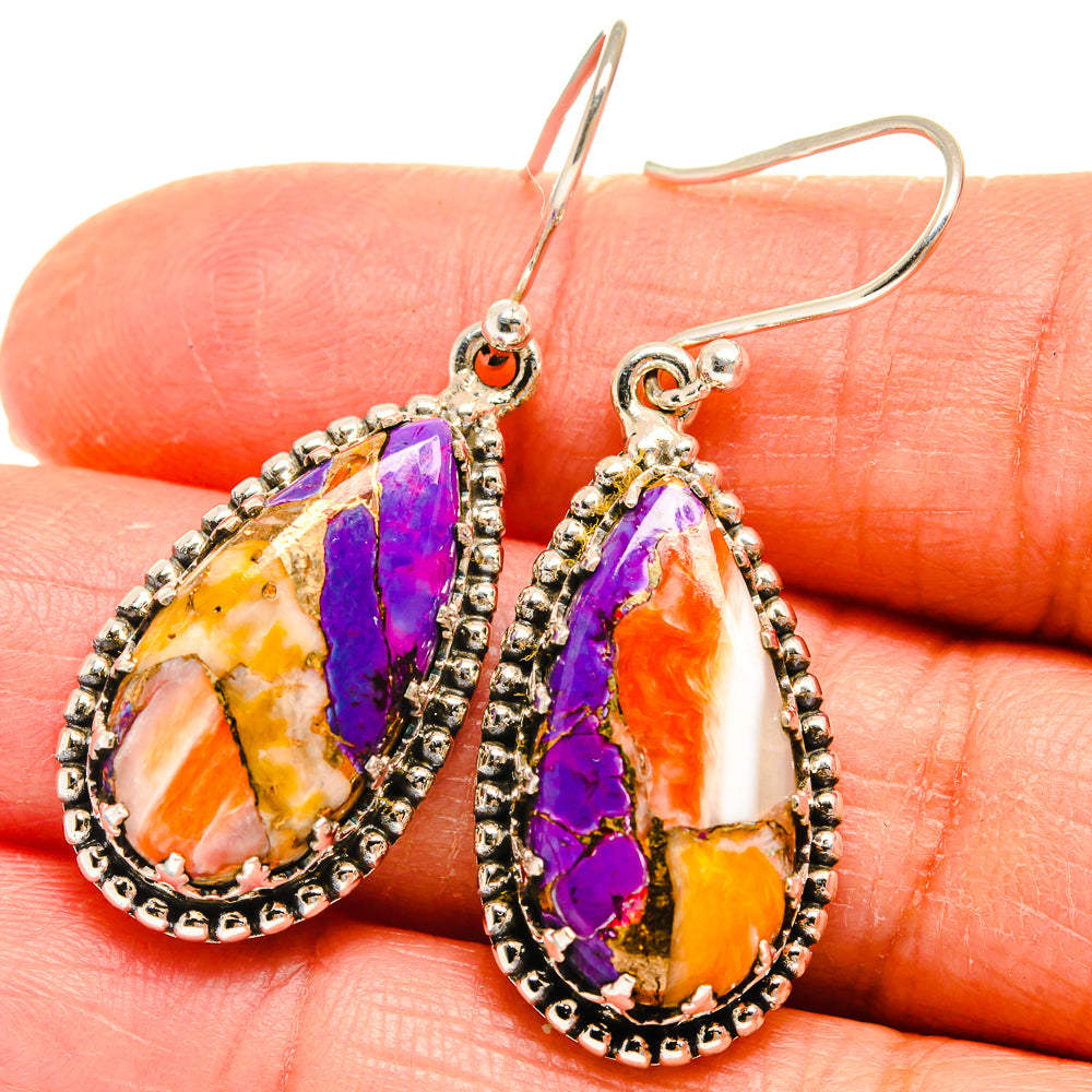 Colorful jasper teardrop earrings with sterling silver hooks and beaded silver border