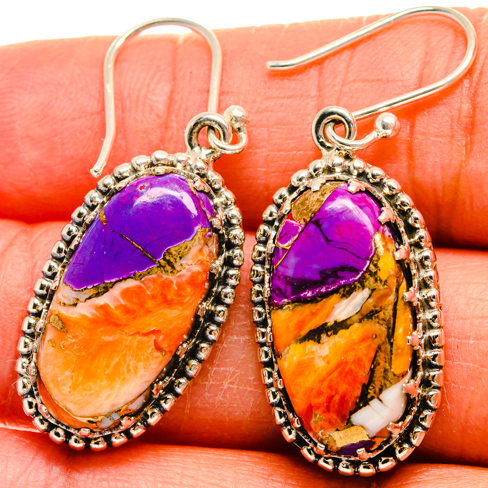 Turquoise jasper teardrop earrings with purple and orange stone, sterling silver beaded border