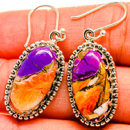Turquoise jasper teardrop earrings with purple and orange stone, sterling silver beaded border