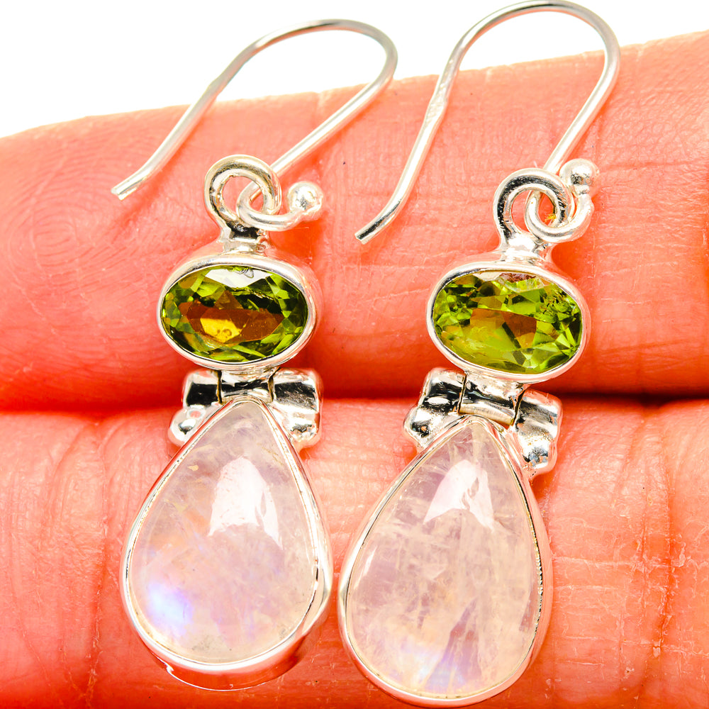 Sterling silver drop earrings: green oval top and iridescent pear moonstone
