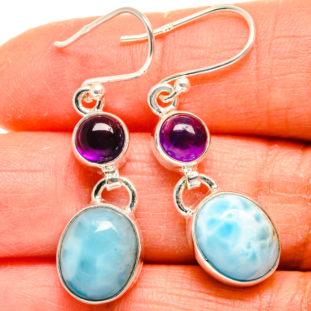 Sterling silver amethyst and larimar drop earrings with purple spheres and light-blue ovals