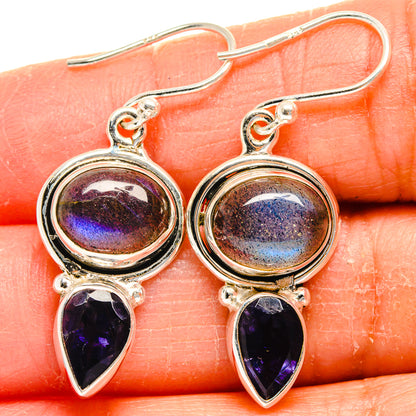 925 sterling silver earrings with round labradorite and teardrop tanzanite stones