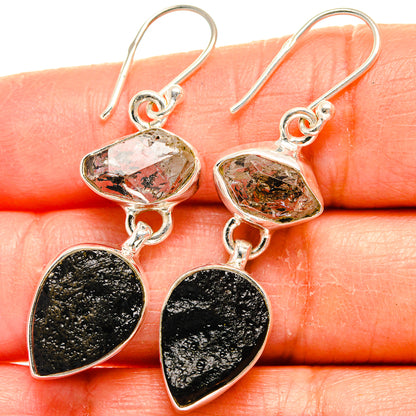 Sterling silver heart dangle earrings with clear crystal and black speckled druzy hearts