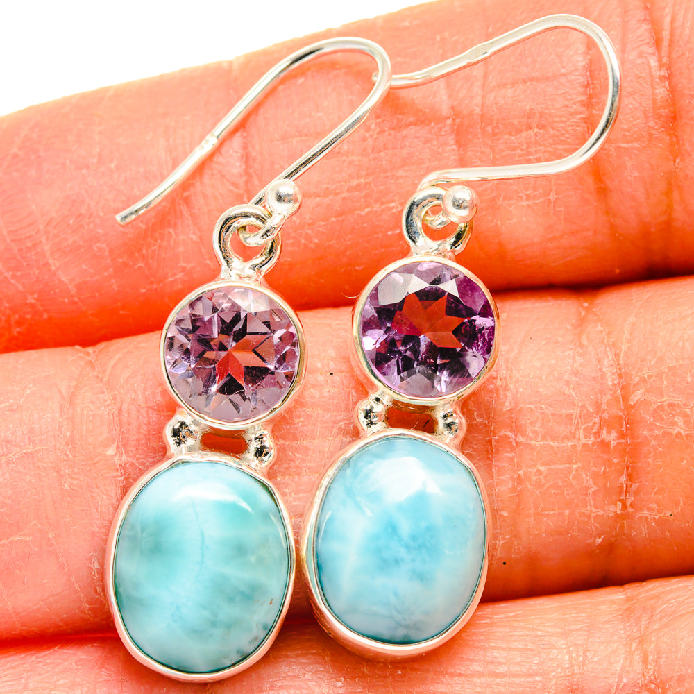 Sterling silver larimar and amethyst drop earrings, round purple and oval blue stones