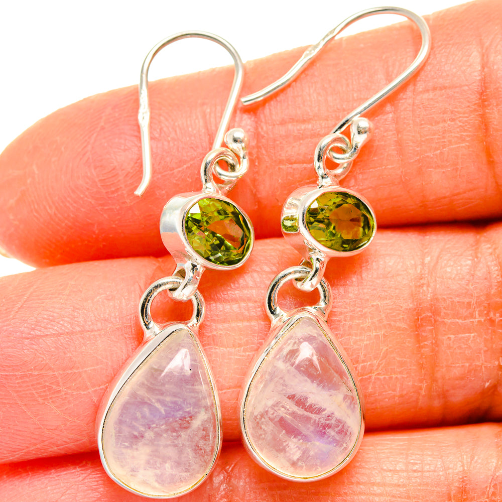Sterling silver peridot and moonstone drop earrings, green stones with iridescent pear drops