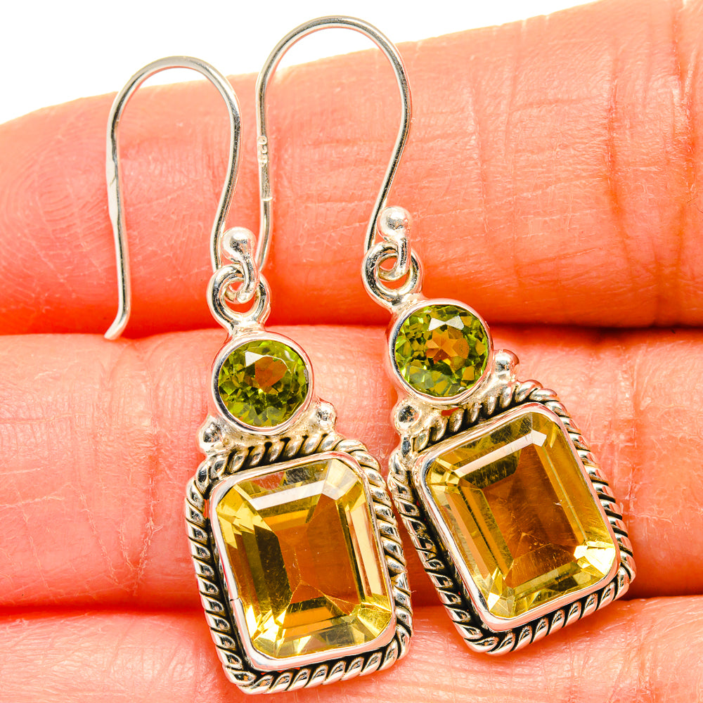 Sterling silver lever earrings with green peridot and yellow citrine drop, faceted