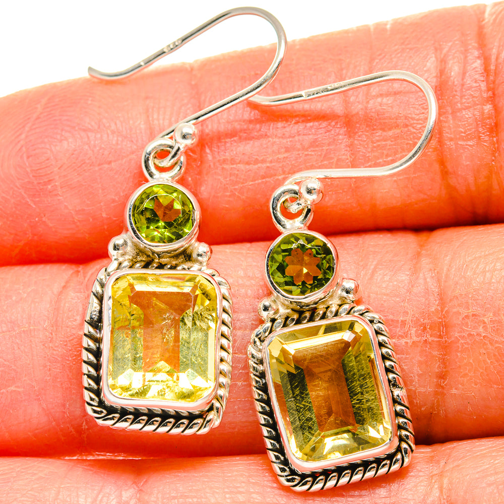 Sterling silver dangle earrings with green peridot and yellow citrine square stones