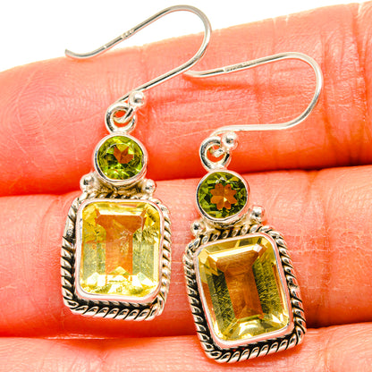 Sterling silver dangle earrings with green peridot and yellow citrine square stones