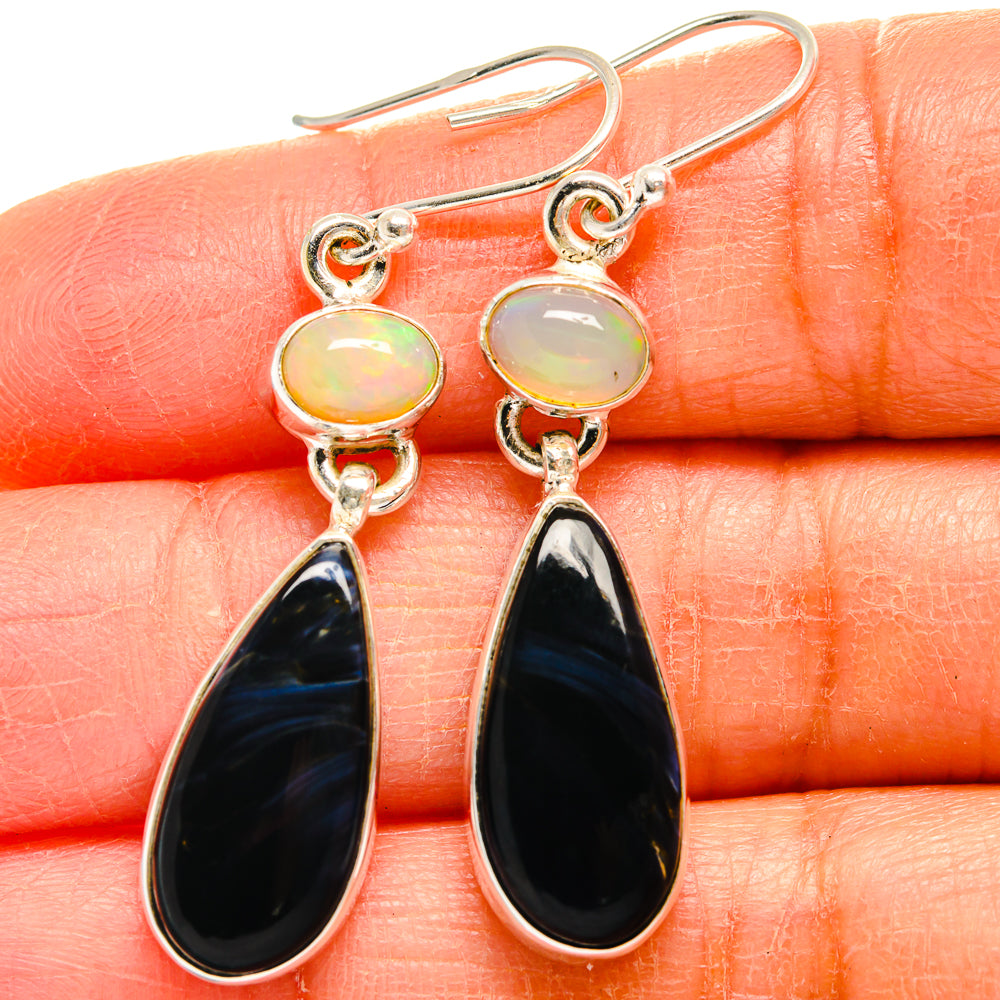 Sterling silver opal-look round and dark teardrop drop earrings
