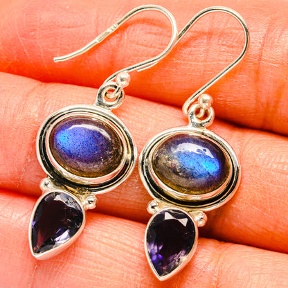 Labradorite and tanzanite drop earrings, 925 sterling silver, oval and teardrop stones