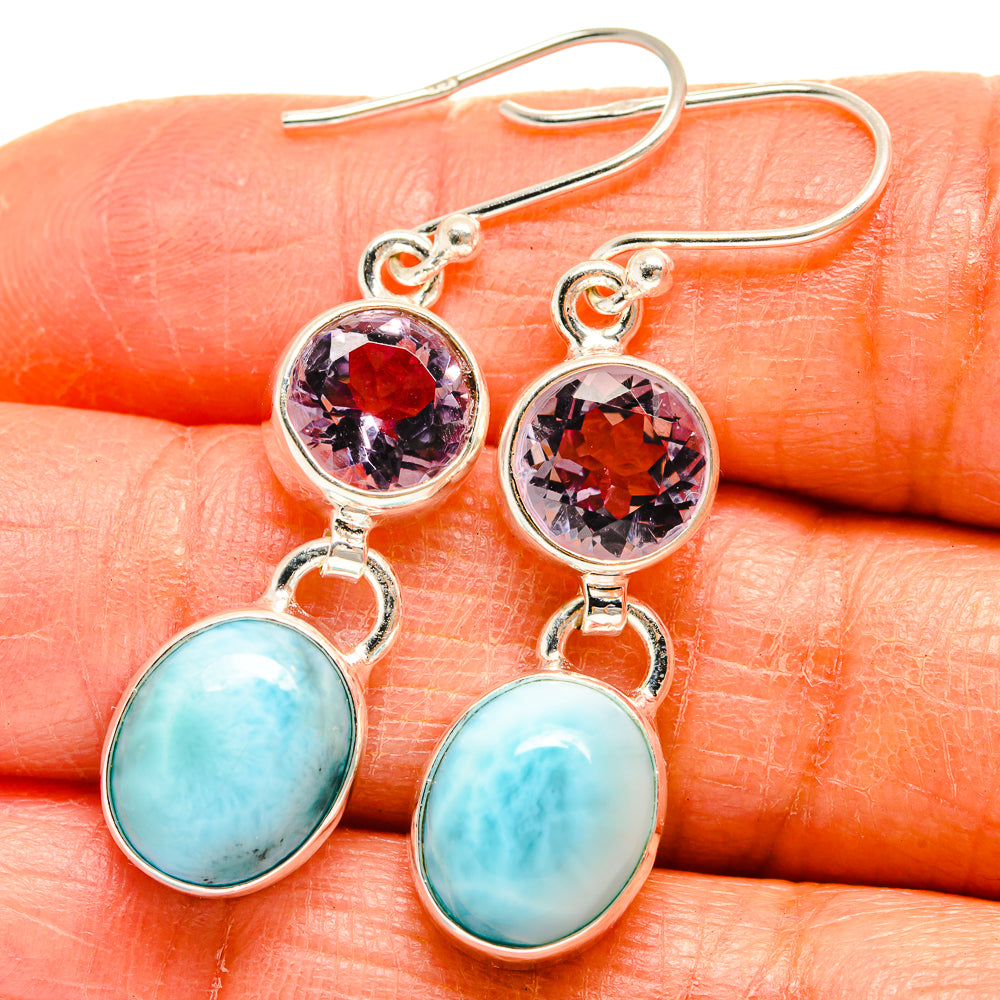 925 sterling silver earrings with round pink morganite and oval larimar drops