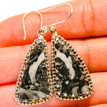 Sterling silver teardrop jasper earrings with black and white marbled stone drops