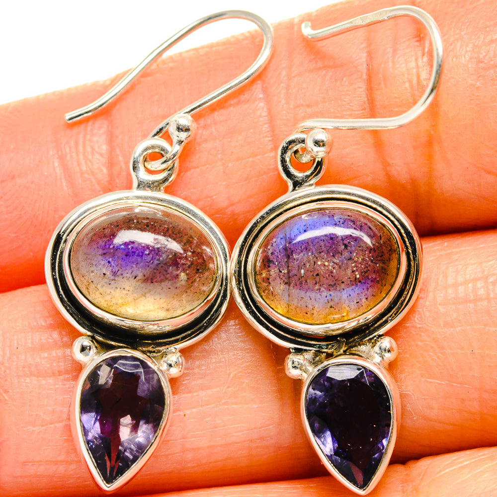 Round labradorite with dark purple teardrop tanzanite drop earrings, 925 sterling silver