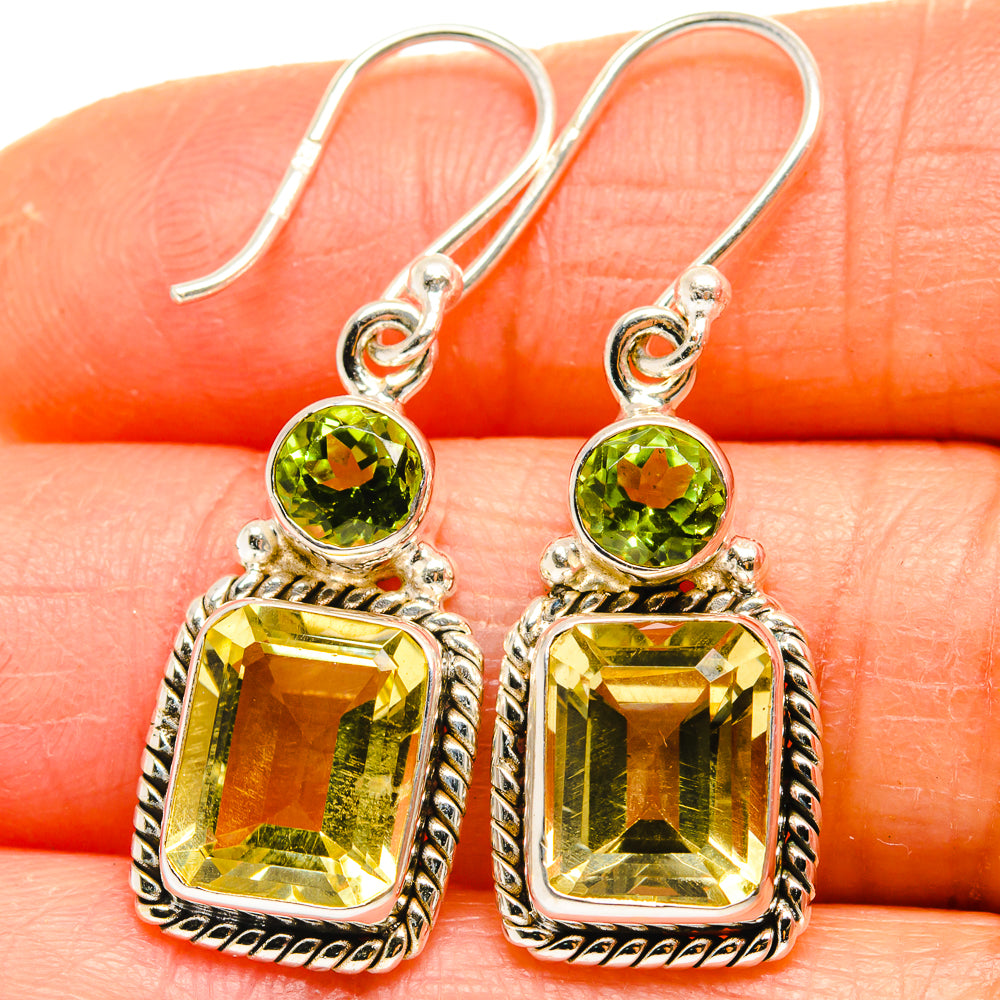 925 sterling silver drop earrings with green round top and yellow square faceted stones.