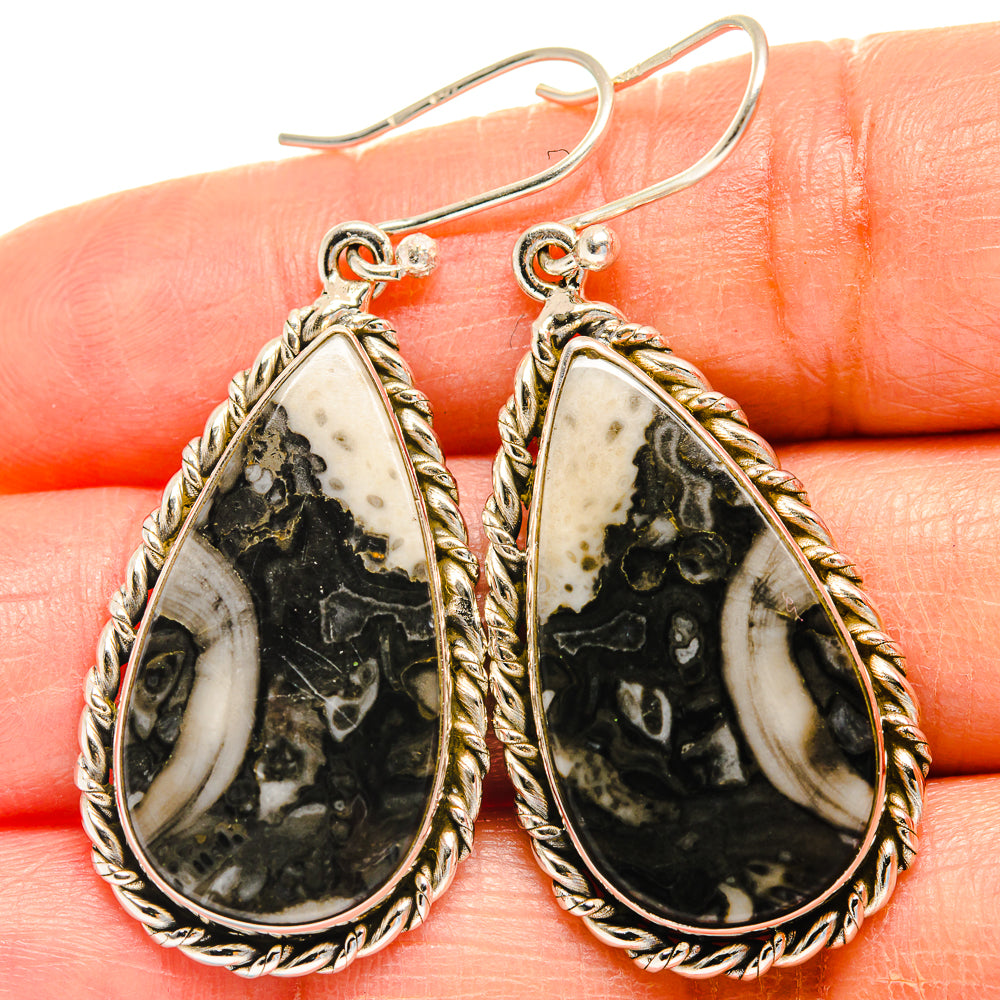 925 sterling silver Pinolith Jasper teardrop earrings with ornate rope frame, black-white stone