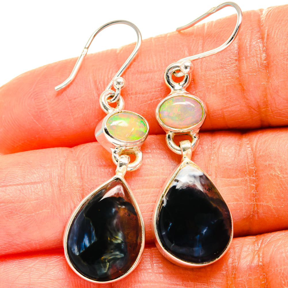Sterling silver dangle earrings, rainbow opal tops with black-blue teardrop drops
