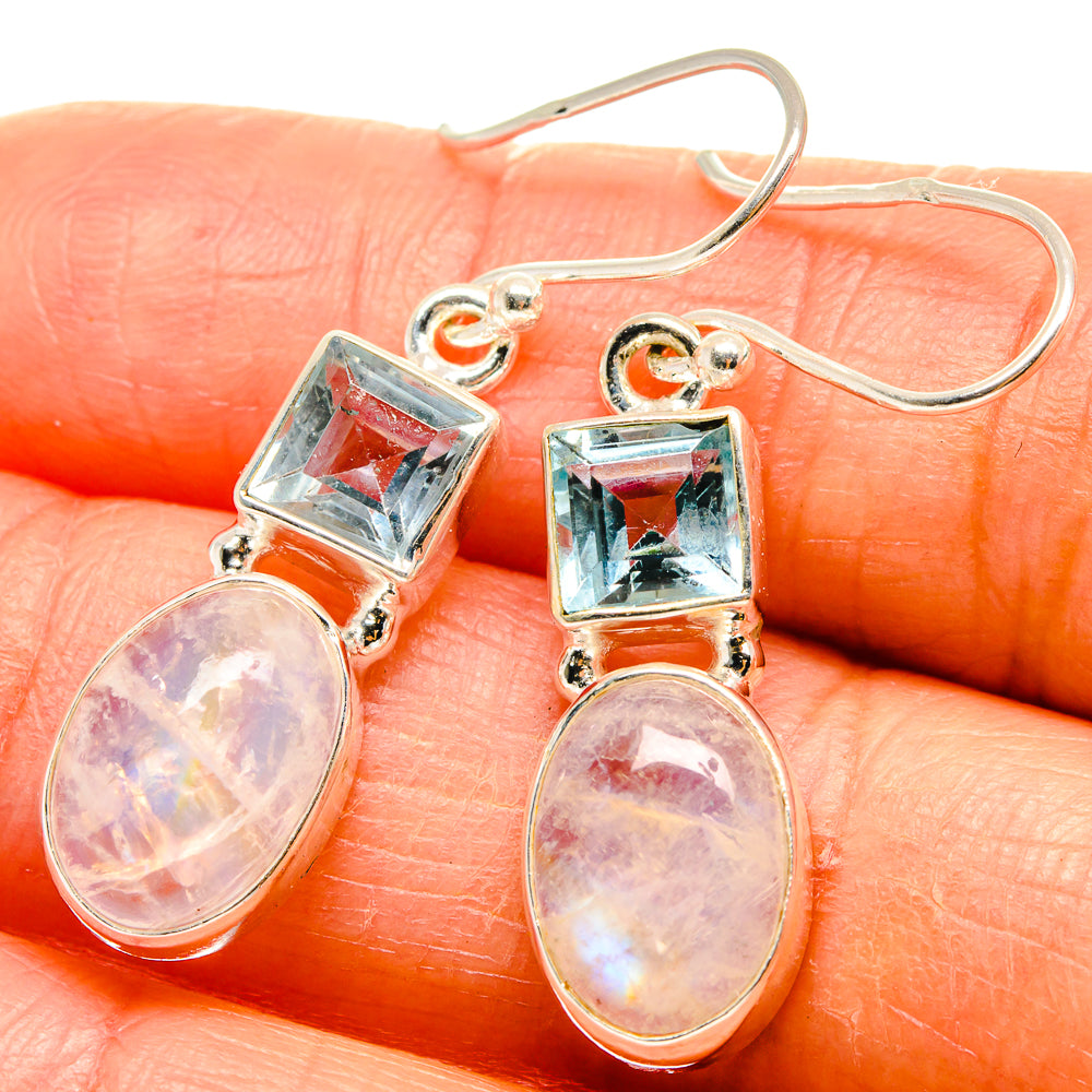 Sterling silver drop earrings with square blue topaz and oval rainbow moonstone