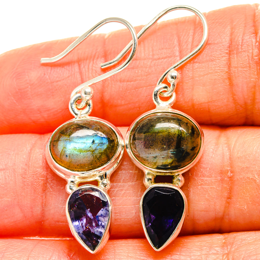 925 sterling silver drop earrings with iridescent labradorite and purple teardrop stones