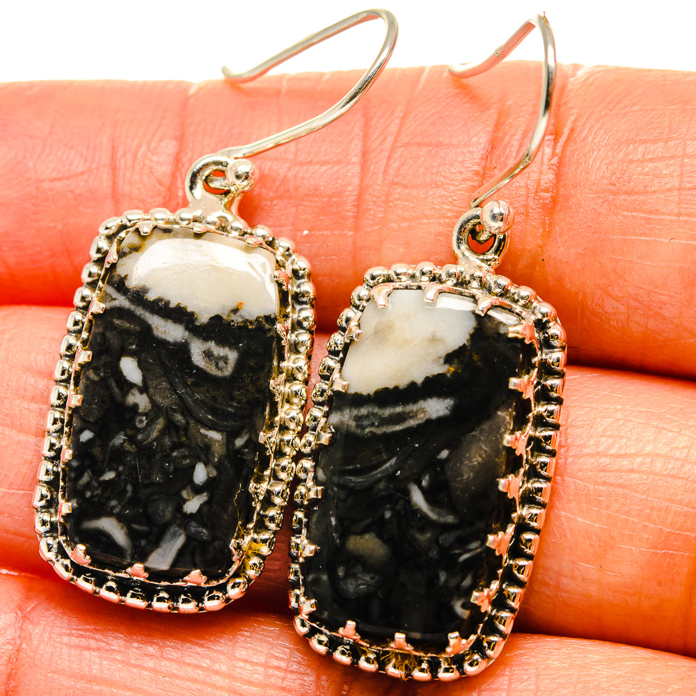 Sterling silver jasper drop earrings, black and cream marbled stone in ornate bezel