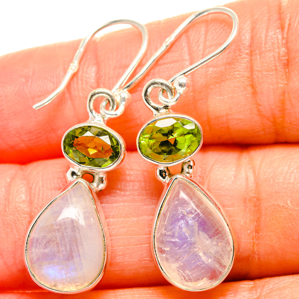 Sterling silver drop earrings with oval peridot and teardrop moonstone in lavender