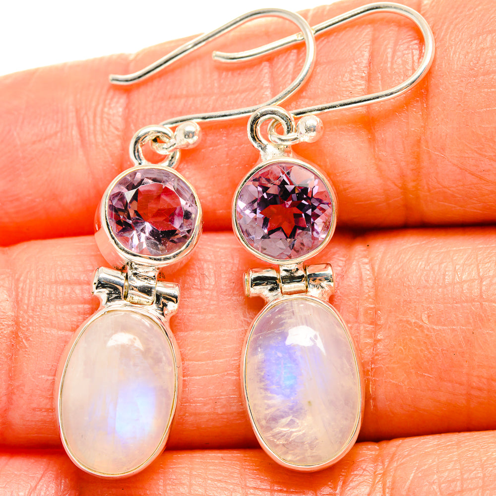 925 sterling silver drop earrings with pink round stones and iridescent opal teardrops