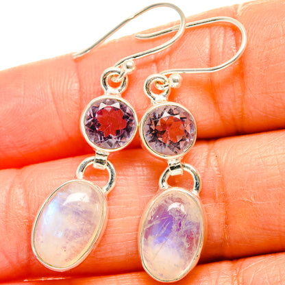 925 sterling silver drop earrings with red round gemstone and oval opalescent moonstone