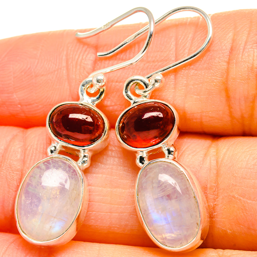 925 sterling silver earrings with dark garnet and iridescent rainbow moonstone cabochons