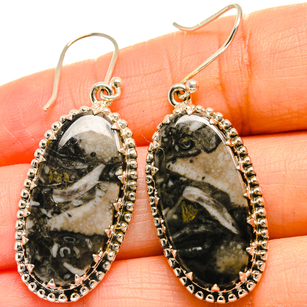 925 sterling silver oval drop earrings with black-and-white pinolith jasper and beaded border