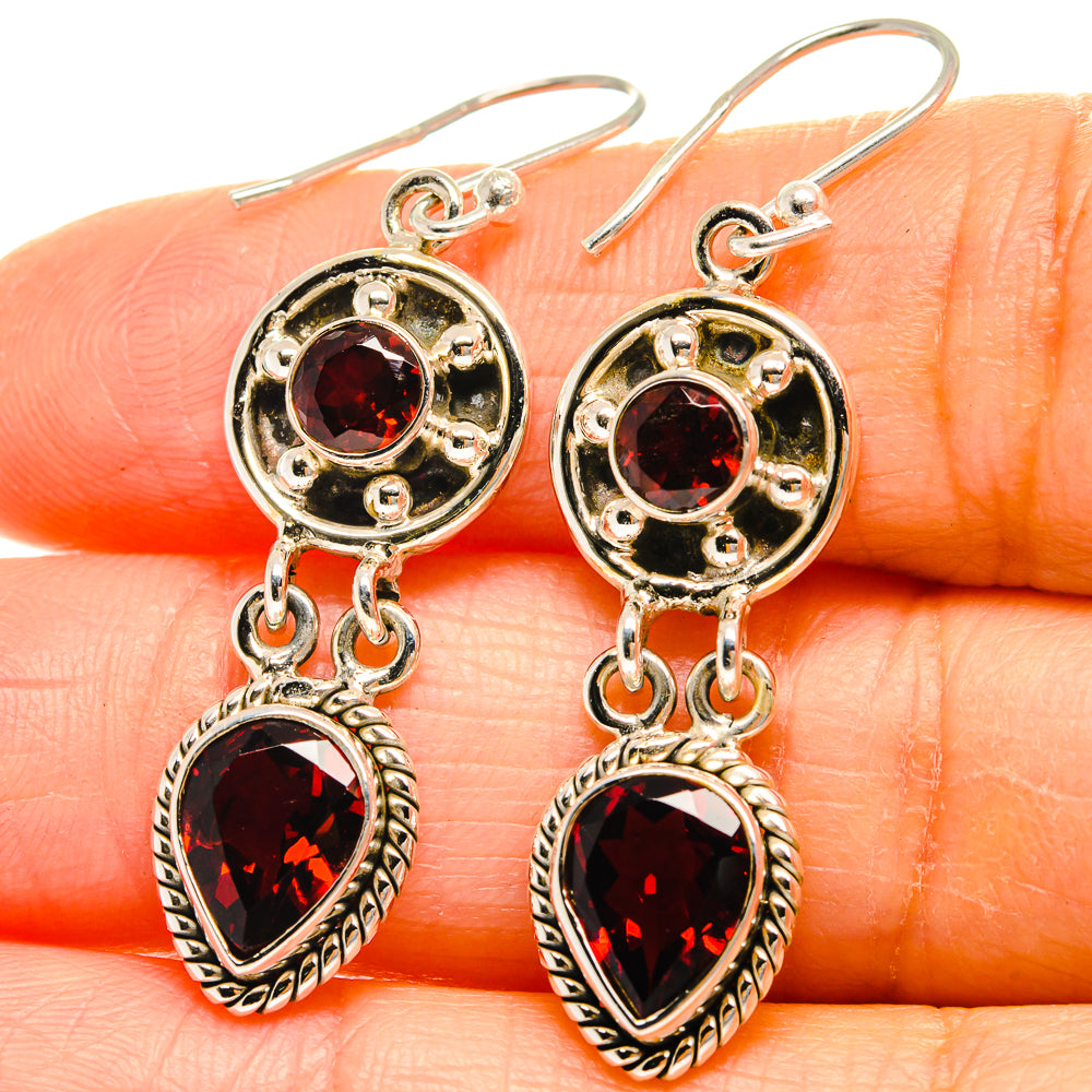 925 sterling silver garnet halo dangle earrings: round top and teardrop bottom