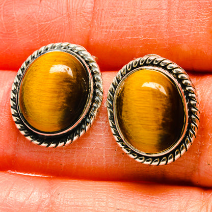 Tiger eye oval stud earrings in 925 sterling silver rope bezel, close-up on stones
