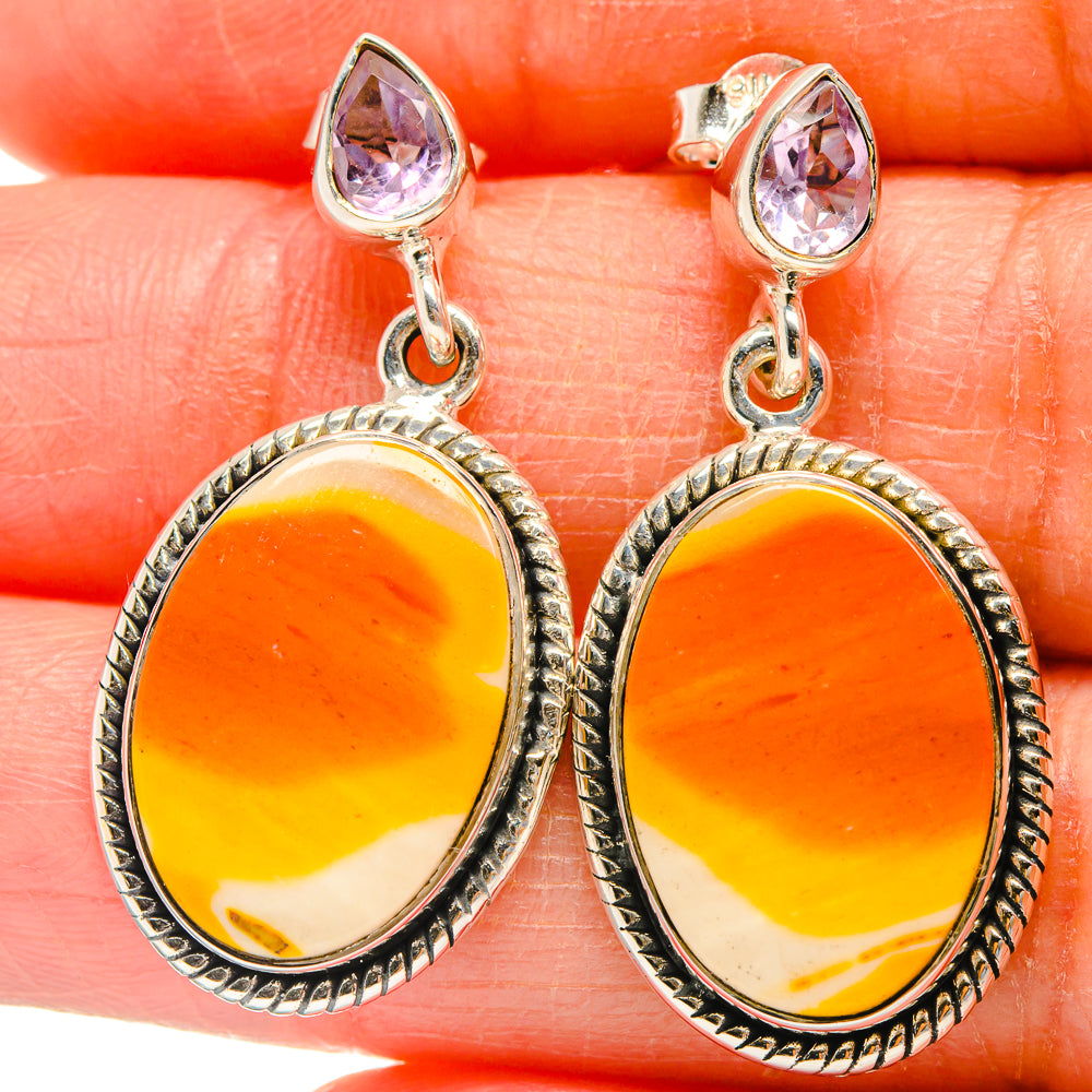 Sterling silver oval drop earrings with orange-yellow stone and purple top studs in bezel
