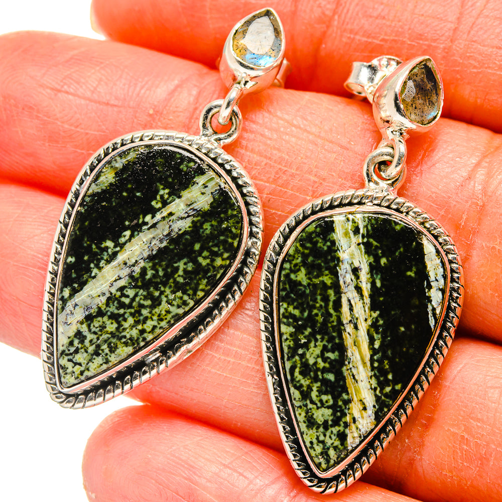 925 sterling silver teardrop earrings with green speckled cabochons and textured border