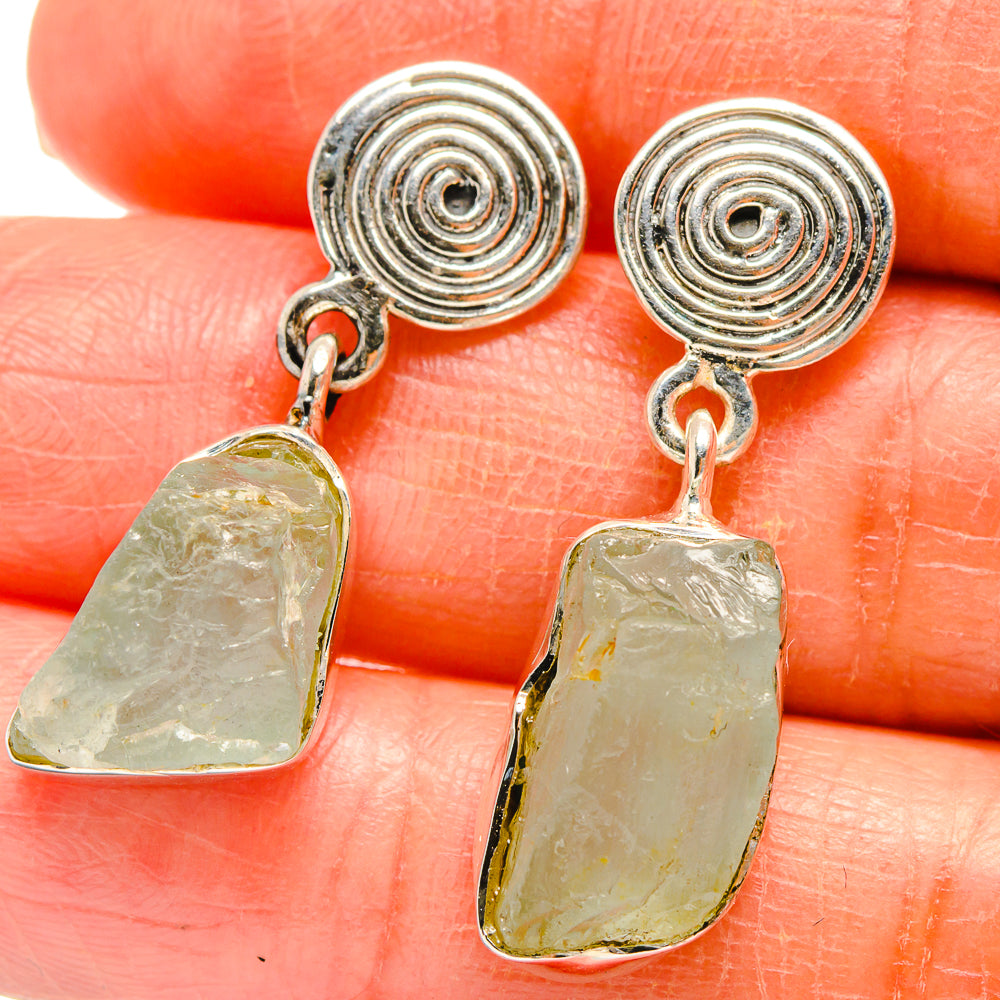 Rough prehnite earrings: spiral sterling silver tops, green rough stone drops