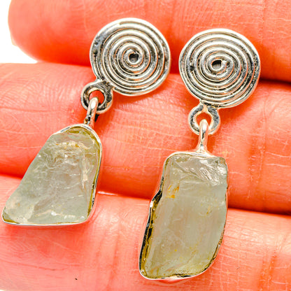 Rough prehnite earrings: spiral sterling silver tops, green rough stone drops