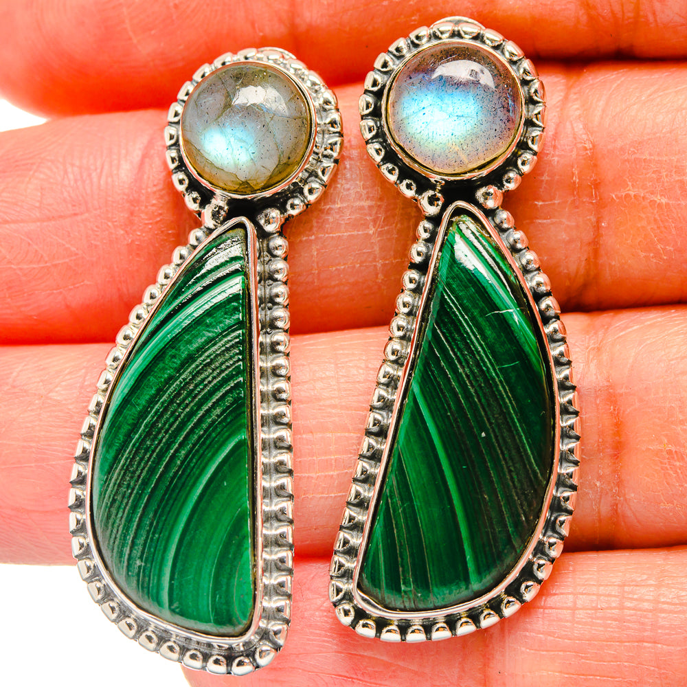 Sterling silver labradorite-and-malachite drop earrings, round blue tops and green teardrops
