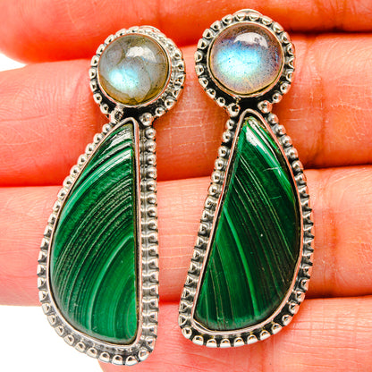 Sterling silver labradorite-and-malachite drop earrings, round blue tops and green teardrops