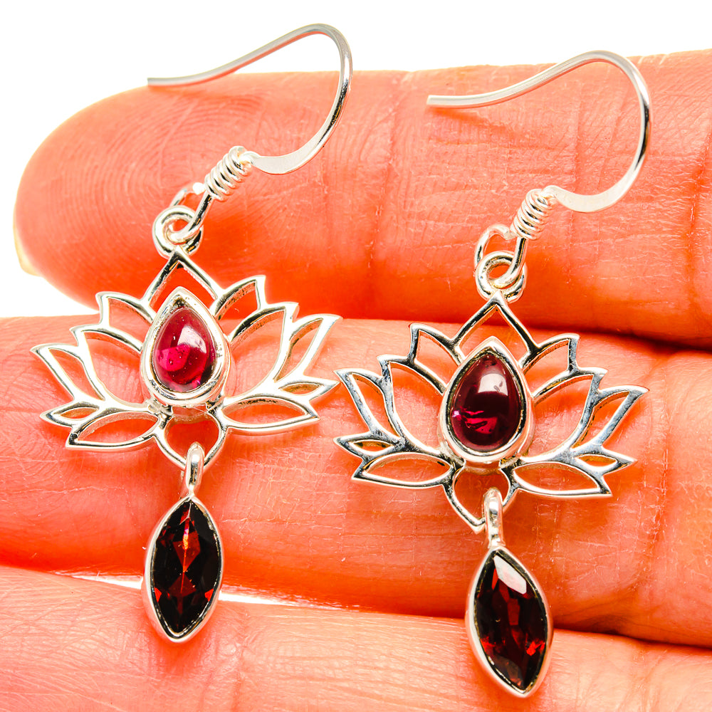 925 sterling silver garnet flower earrings, red round center with teardrop dangles