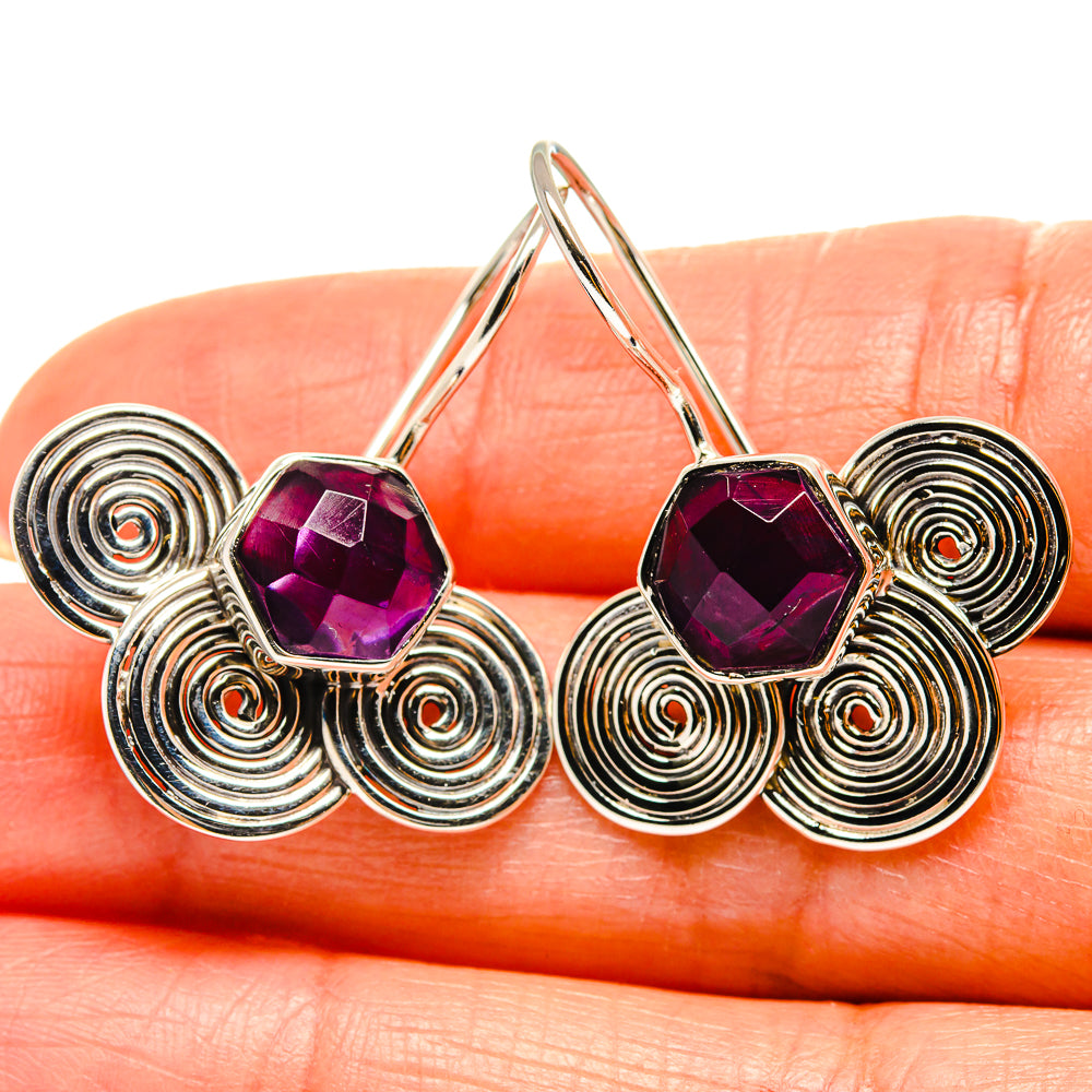 Amethyst earrings in 925 sterling silver, purple faceted stones with round spiral swirl drops