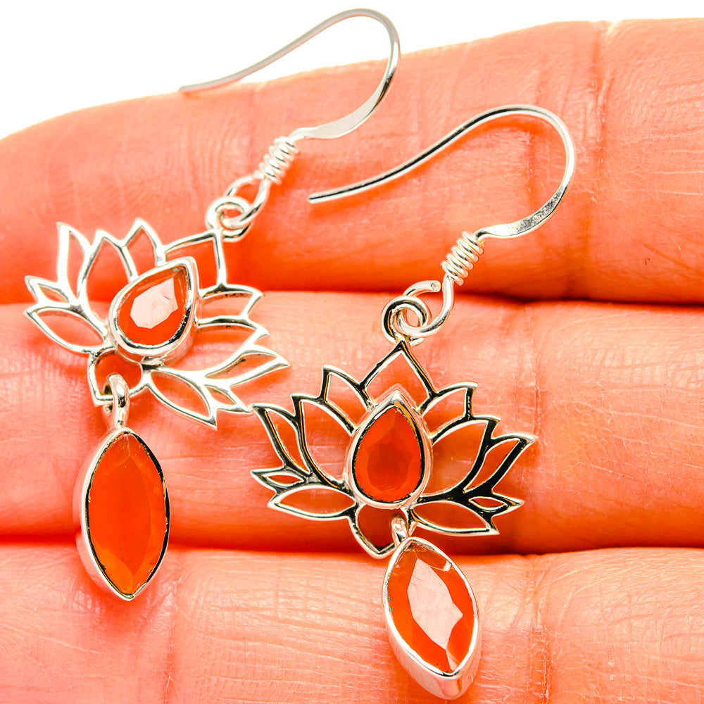 925 sterling silver lotus flower drop earrings with orange carnelian cabochons and hooks