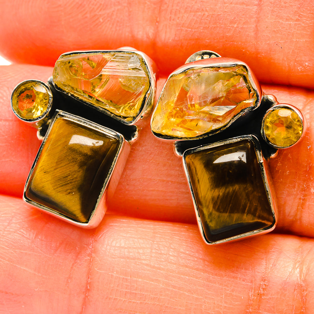 Tiger eye and citrine earrings, gold-toned geometric stones with 925 sterling silver posts