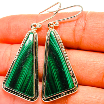 Triangular malachite drop earrings, green striped stone in silver-tone bezel