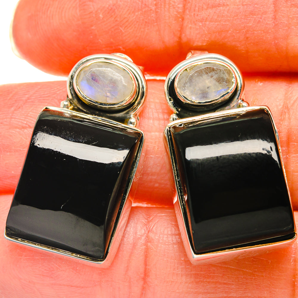 Black Onyx, Rainbow Moonstone Earrings handcrafted by Ana Silver Co - EARR425442