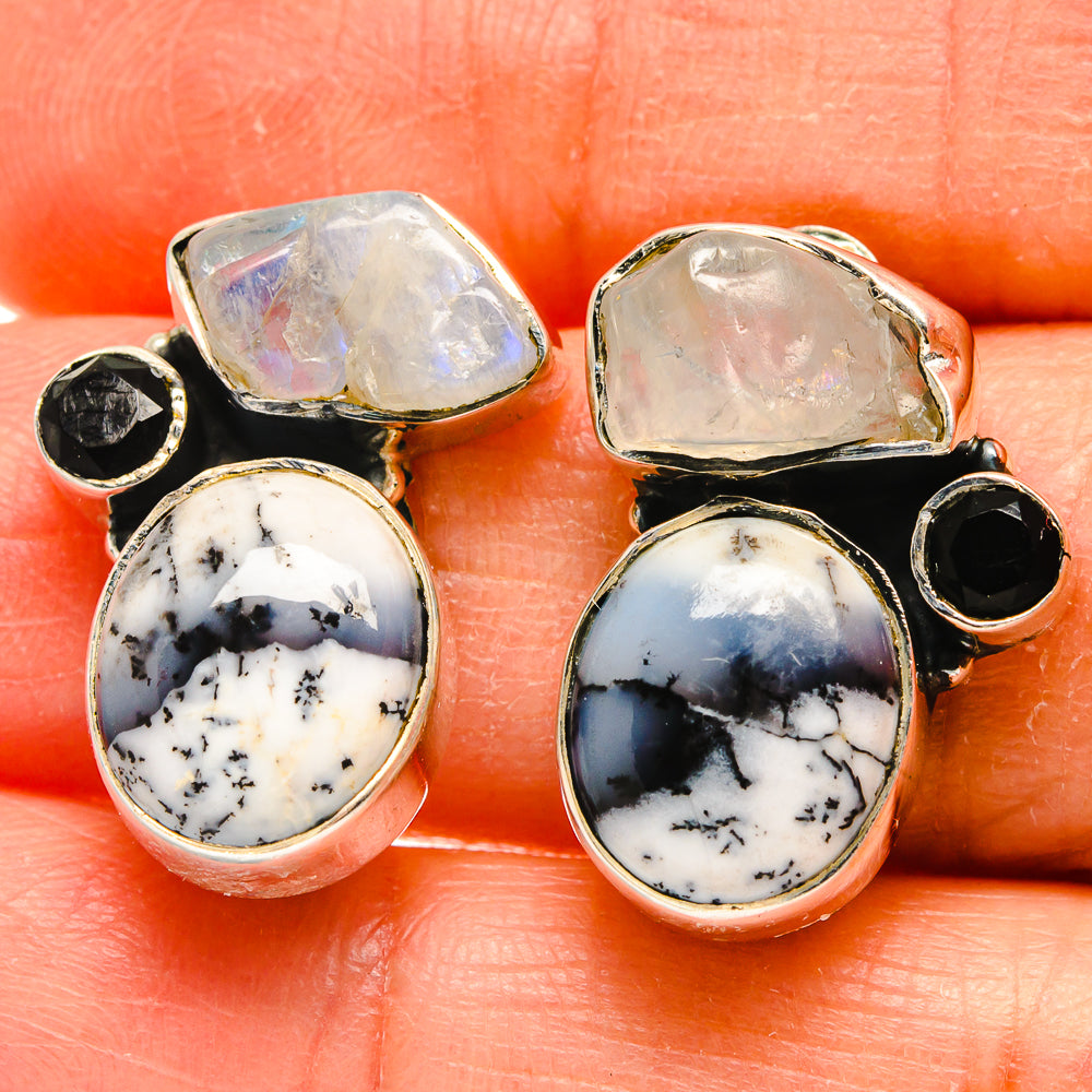 Dendritic Opal, Rainbow Moonstone, Black Onyx Earrings handcrafted by Ana Silver Co - EARR425458