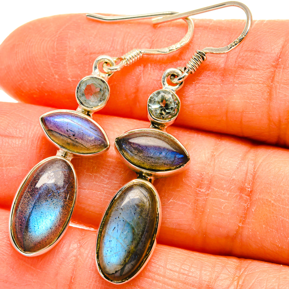 Silver-tone drop earrings with oval labradorite flashes and small round top stones
