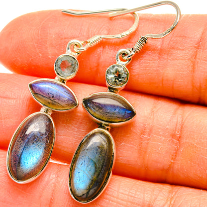 Silver-tone drop earrings with oval labradorite flashes and small round top stones